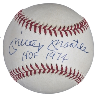 Mickey Mantle Signed & "HOF 1974" Inscribed OAL Brown Baseball (Beckett GEM MT 10)